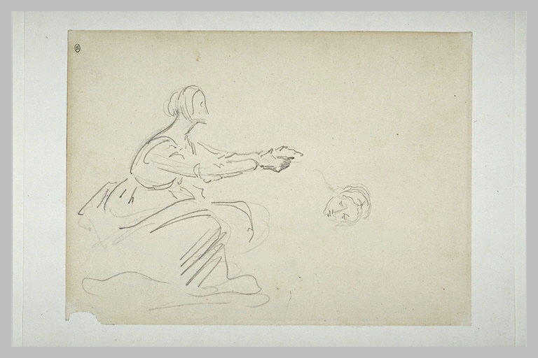 Femme assise tendant les bras en avant ; tête de femme_0