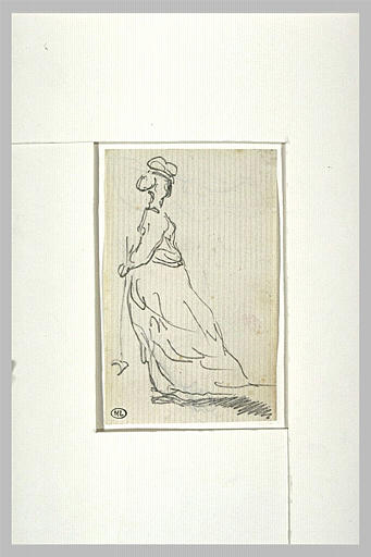 Femme debout, coiffée d'un chapeau, tenant un maillet de croquet_0