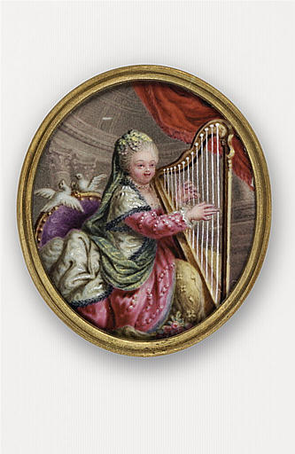 Catherine II jouant de la harpe, vêtue d'un costume brodé de perles_0