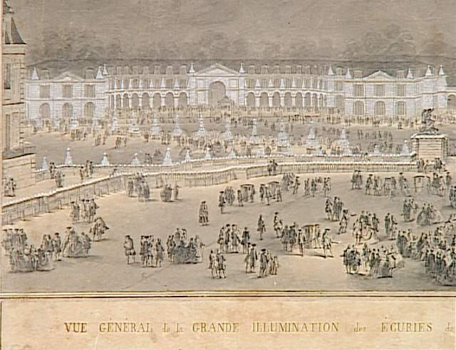 Vue générale de la grande illumination des écuries de Versailles ; Vue de la grande illumination des Ecuries de Versailles à l'occasion du mariage du Dauphin Louis, fils de Louis XV, avec Marie-Josèphe de Saxe, nuit du 9 février 1747 (autre titre)_1