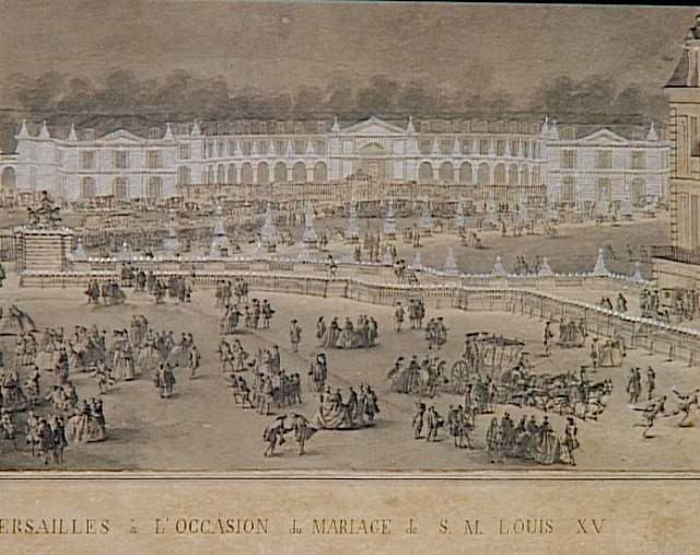 Vue générale de la grande illumination des écuries de Versailles ; Vue de la grande illumination des Ecuries de Versailles à l'occasion du mariage du Dauphin Louis, fils de Louis XV, avec Marie-Josèphe de Saxe, nuit du 9 février 1747 (autre titre)_4