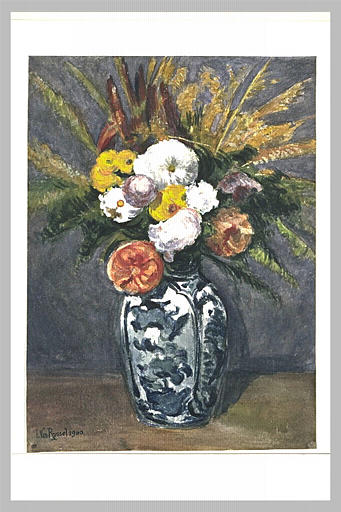 Bouquet de fleurs, dans un vase bleu et blanc_0