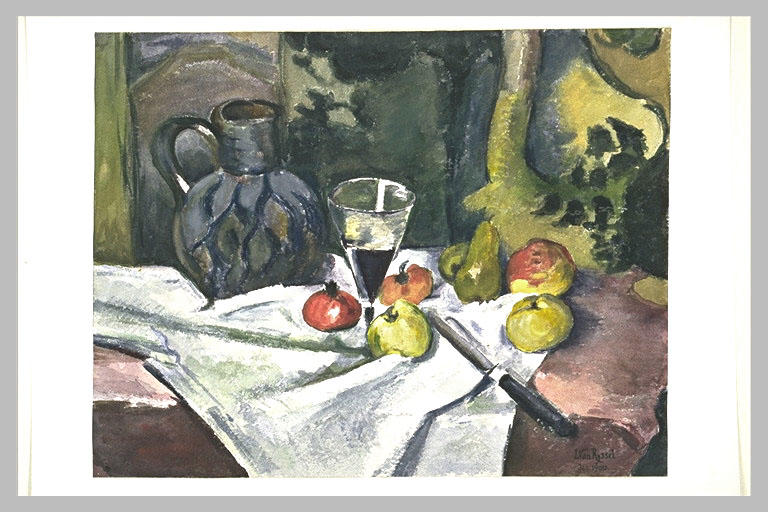 Fruits, pot bleu et verre_0