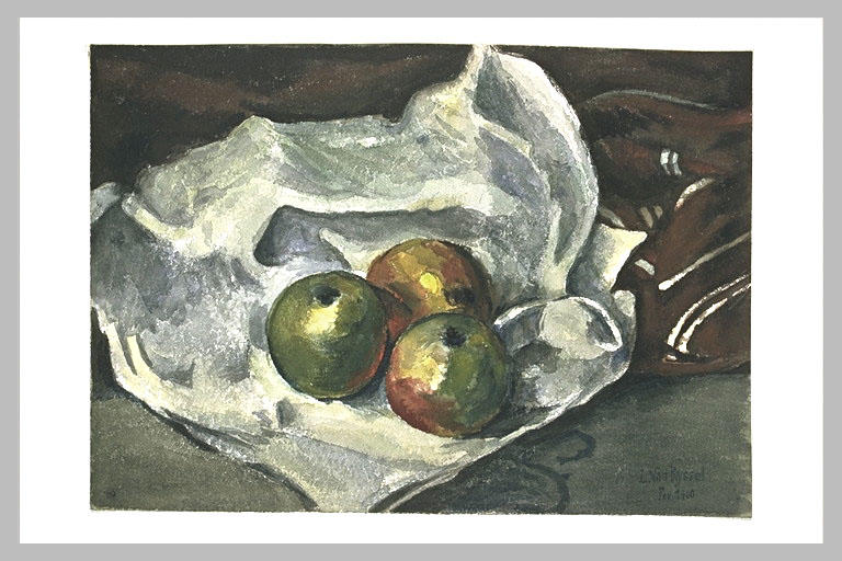 Trois pommes sur un torchon blanc_0