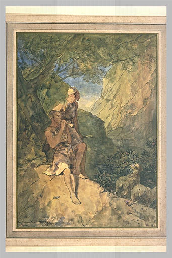 Deux bergers arabes à l'ombre d'un arbre, dans une gorge rocheuse_0