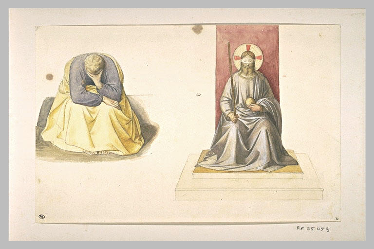 Christ assis sur un trône et figure assise se cachant le visage dans la main_0