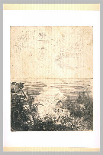 Abords d'une ville animée ; soldats ; croquis_0