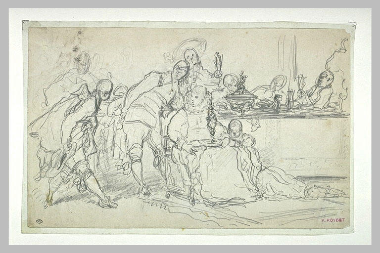 Personnage introduit dans une salle avec des figures attablées_0