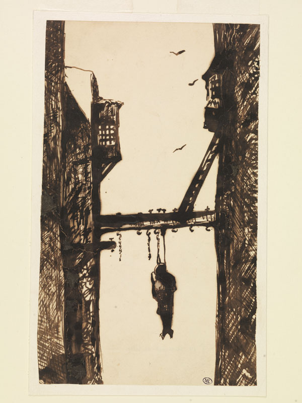 Homme pendu à une poutre entre deux façades, Victor Hugo, 19e siècle