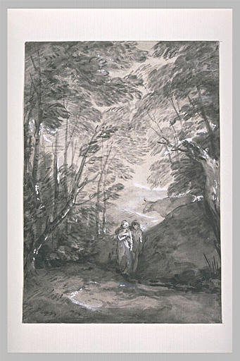Paysage de forêt avec un couple d'amoureux dans un chemin_0