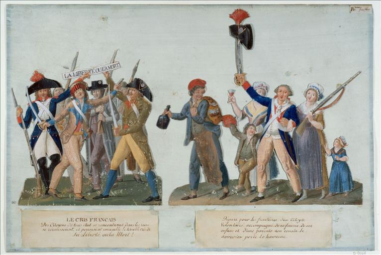 Citoyens poussant le cri 'La Liberté ou la Mort'. (titre factice) ; Le Cris Français. (titre inscrit) ; Départ d'un soldat volontaire pour les armées révolutionnaires combattant aux frontières. (titre factice)_0