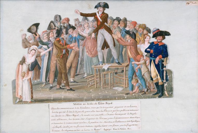 Camille Desmoulins appelle le peuple à la résistance, jardin du Palais Royal, Paris, le 12 juillet 1789. (titre factice) ; Motion au Jardin du Palais Royal. (titre inscrit)_0
