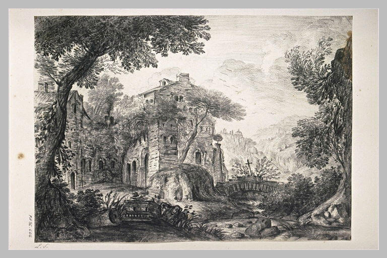 Paysage avec groupe de maisons et ruines_0