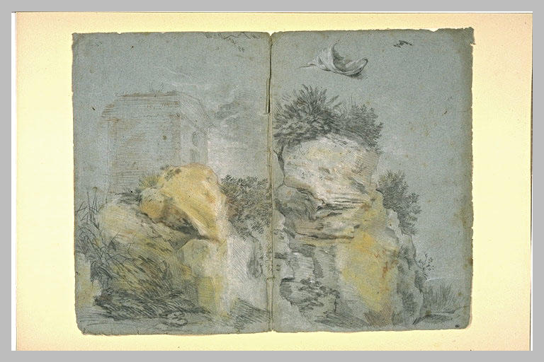 Amas de rochers auprès d'un petit temple, avec des arbustes_0