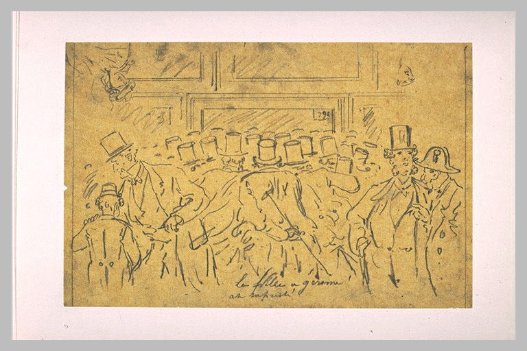 Groupe de messieurs en chapeau haut de forme, devant un tableau au Salon_0