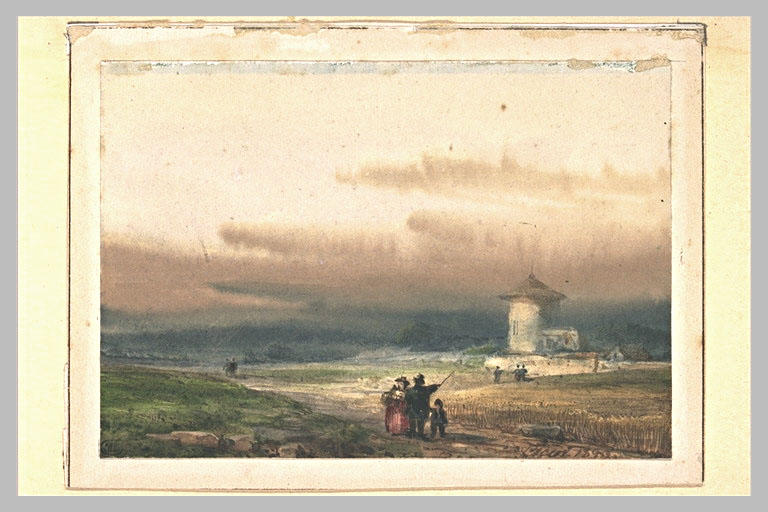 Paysage de plaine avec un couple et un enfant, vu de dos_0