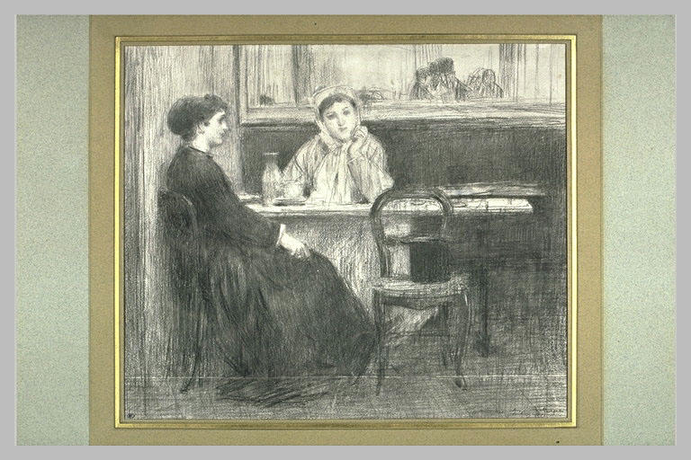 Deux femmes dont une pensive, assises à la table d'un café_0