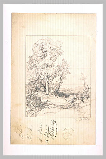 Faune assis jouant de la flûte devant un bouquet d'arbres dans un paysage_0