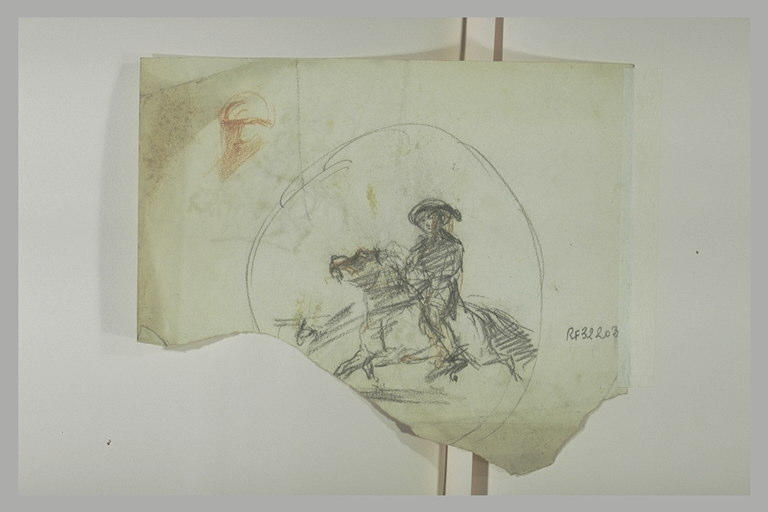 Enfant à cheval, dans un médaillon ; croquis d'une tête_0