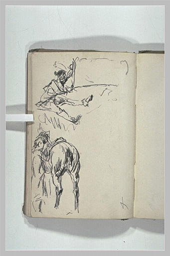 Un personnage assis au sol, et un autre auprès d'un cheval_0