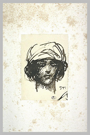 Tête de femme, de face, coiffée d'un chapeau_0