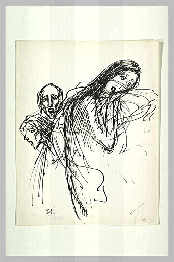 Une femme appuyant son menton sur ses mains, et deux têtes_0