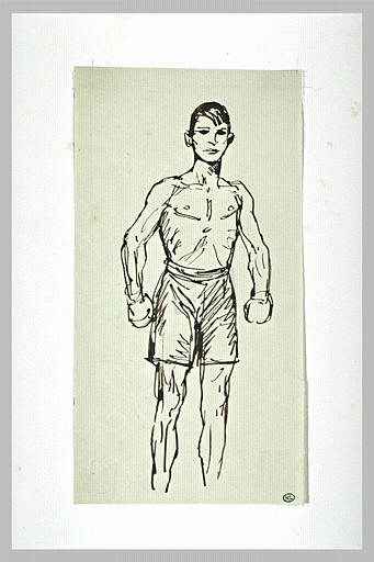 Jeune garçon, torse nu, vêtu d'un short, portant aux mains des gants de boxe_0