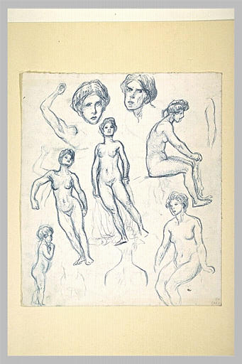 Feuille d'études : femmes nues, debouts ou assises, enfant nu, et deux têtes_0