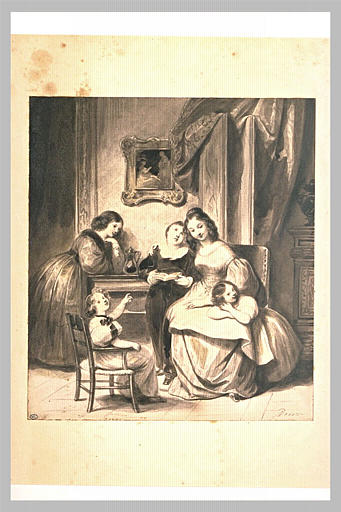 Dans une pièce une jeune femme assise sur une chaise, entourée d'enfants_0