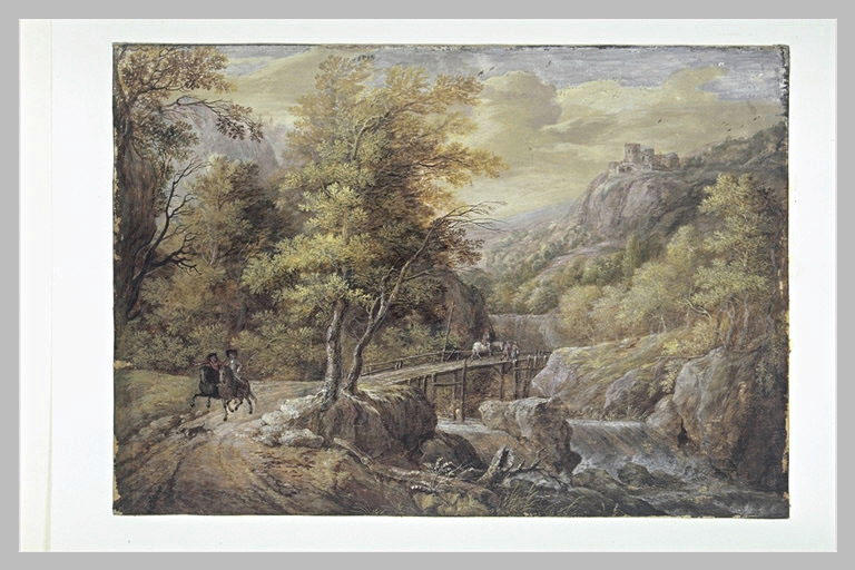 Paysage montagneux : torrent, pont de bois, cavaliers et passants_0