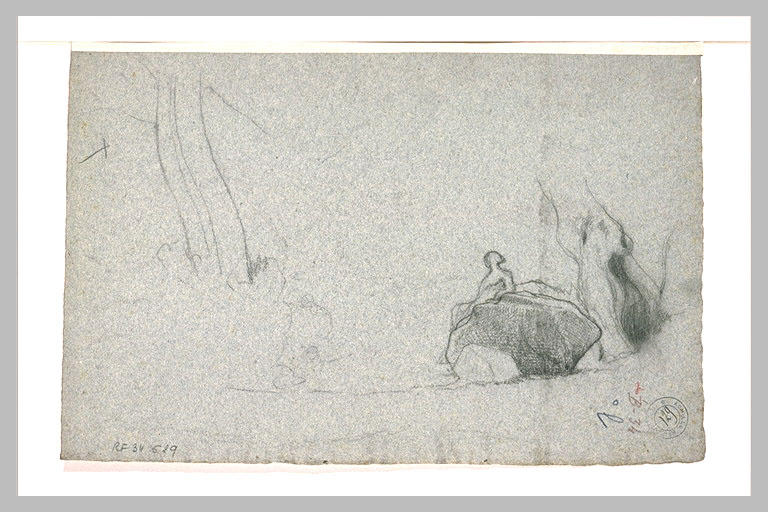 Esquisse d'une figure près d'un rocher et deux arbres_0