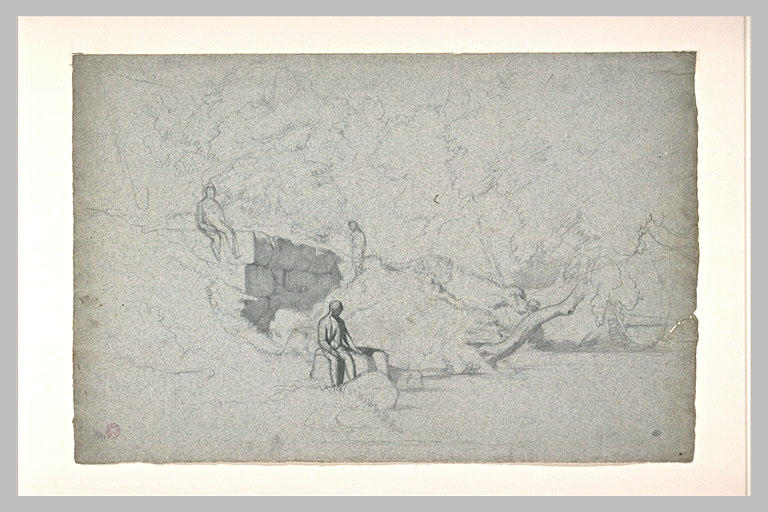 Paysage, avec trois personnages près d'un plan d'eau_0