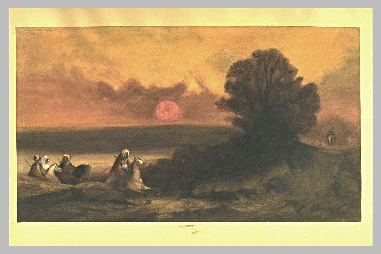 Cavaliers orientaux dans un paysage, au soleil couchant_0