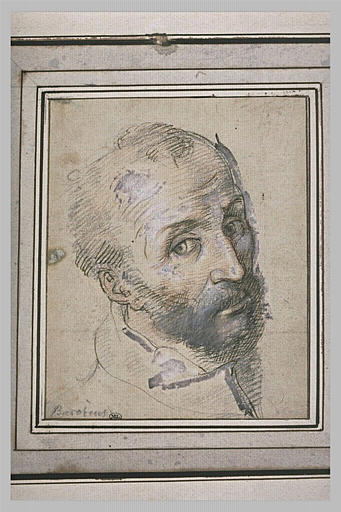 Tête d'homme presque chauve, barbu, de trois quarts, regardant le spectateur_0