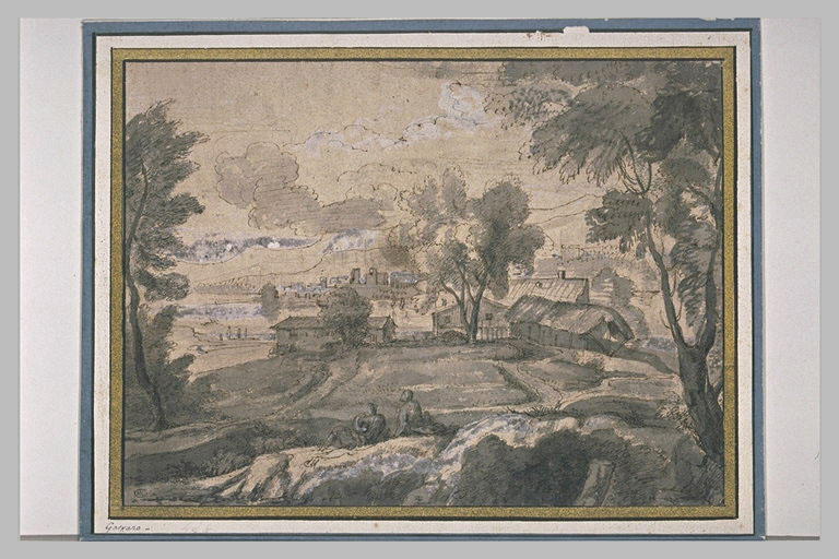 Batiments de ferme dans un paysage, avec deux personnages_0