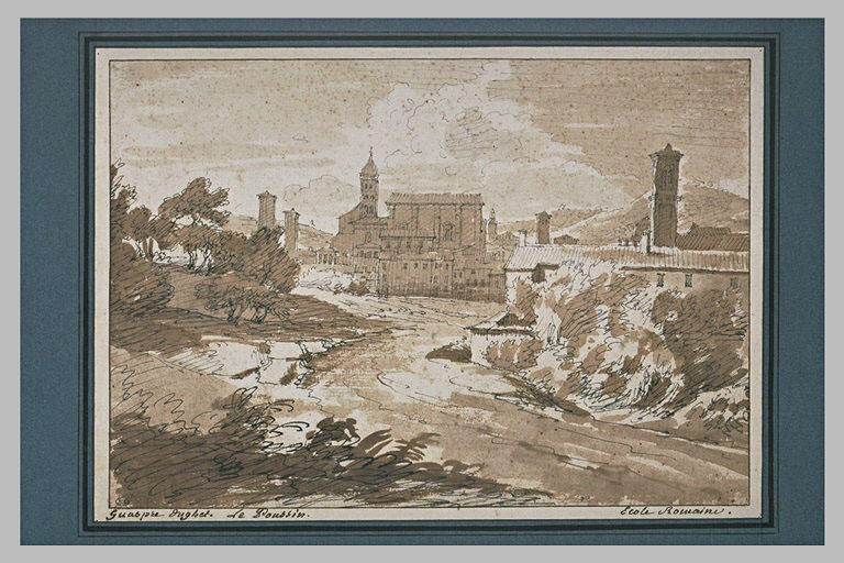 Paysage avec dans le fond une église entourée de maisons_0