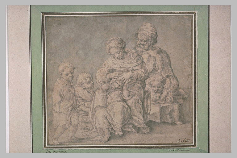 Une femme entourée de son mari et de ses quatre enfants, épouille l'un d'eux_0