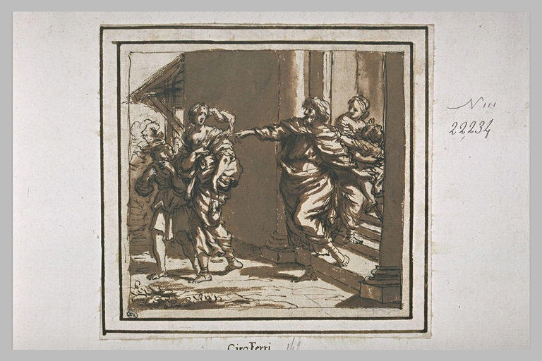 Abraham chassant Agar : elle est debout, à côté d'elle son fils pleure_0
