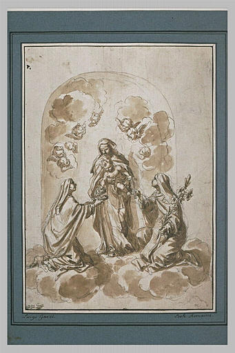 Vierge avec l'Enfant offrant un cruxifix et une couronne à deux saintes_0