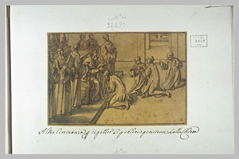 L'évêque assis devant l'autel impose les mains à l'un des pénitents_0