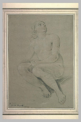 Femme nue, assise, de face, regardant vers le haut_0