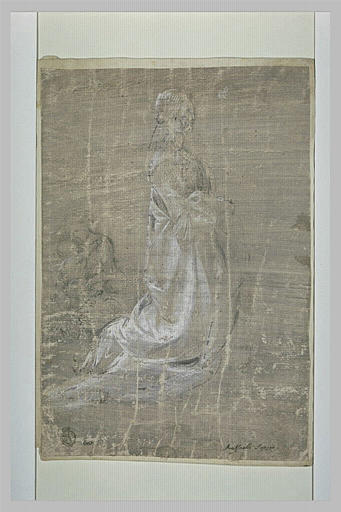 Vierge assise et l'Enfant sur les genoux ; femme agenouillée, de profil_0