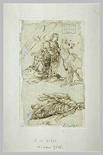 Ange agenouillé près d'un loup ; figure drapée de dos marchant vers la gauche_0