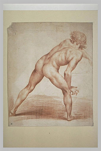 Etude académique d'homme nu, debout, de dos, se penchant_0