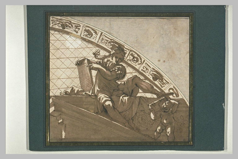 Femme assise, montrant des Tables, et enfant portant un livre_0