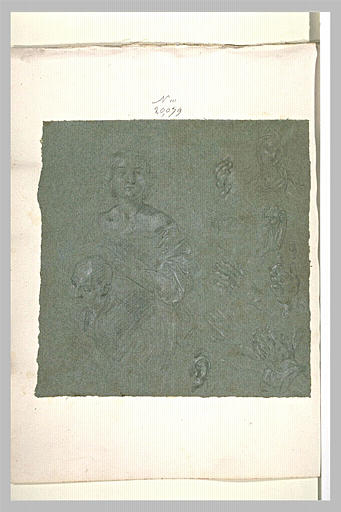 Quatre mains, buste de femme, d'homme, tête, oreille et ornement_0