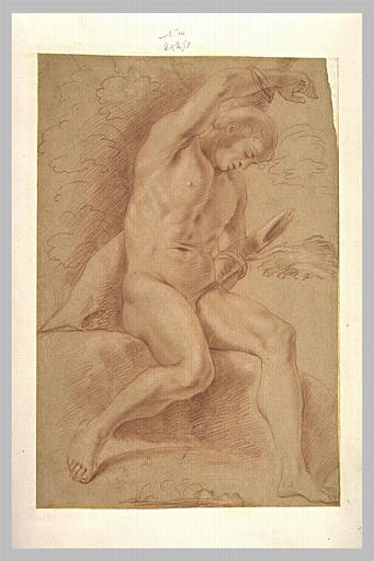 Homme nu, assis, attaché par les bras à un tronc d'arbre_0