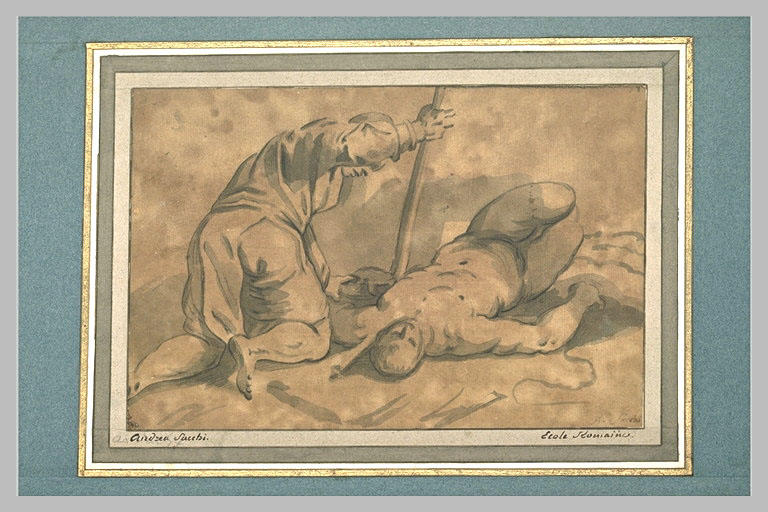 Homme à genoux près d'un homme nu, étendu sur le dos_0