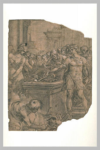 Scène de sacrifice où des agneaux brûlent sur un autel entouré d'une foule_0