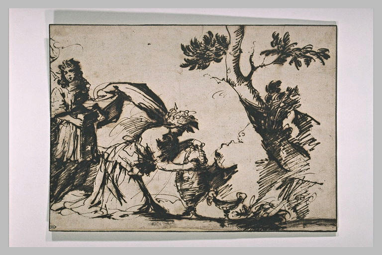 Femme agenouillée remplissant un vase, et derrière elle, une autre femme_0